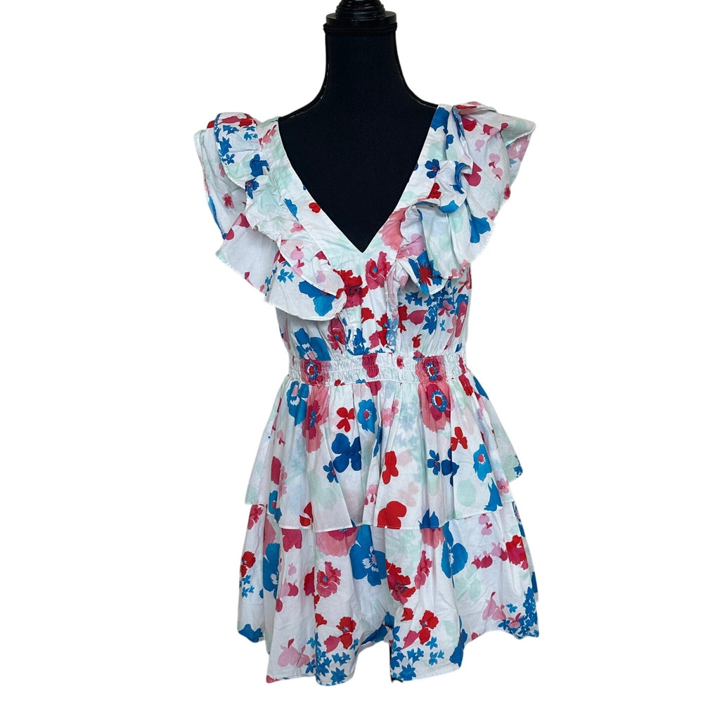 Peter Som Red White Blue Mini Dress SIZE 14 Cotton Ruffle Cottage Designer $355 - Picture 13 of 16